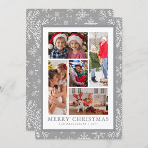 Merry Christmas Photo Collage Silver Snowflake Holiday Card