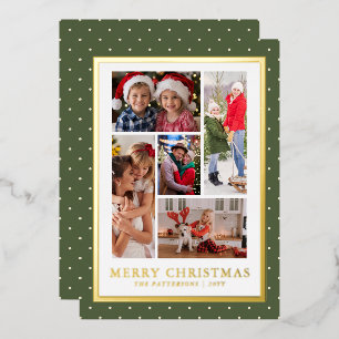 Merry Christmas Photo Collage Simple Modern Foil Holiday Card