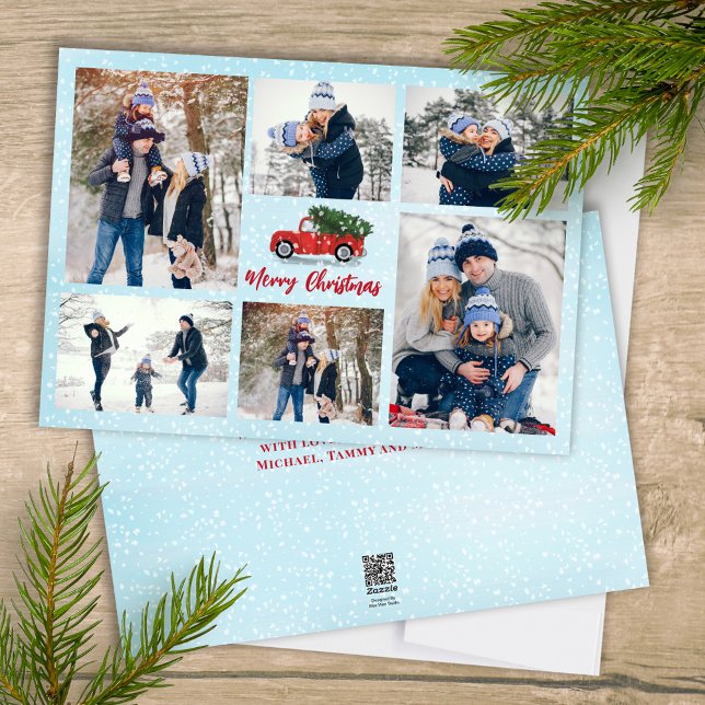 Merry Christmas Photo Collate Red Truck Holiday Card (Merry Christmas holiday Multi photo collage template. With a rustic red truck. )
