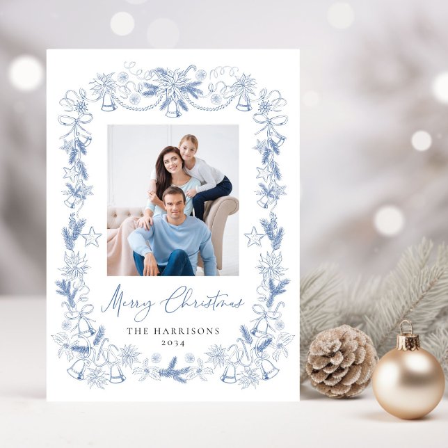 Merry Christmas Photo Dusty Blue Chinoiserie Frame Holiday Card (Creator Uploaded)