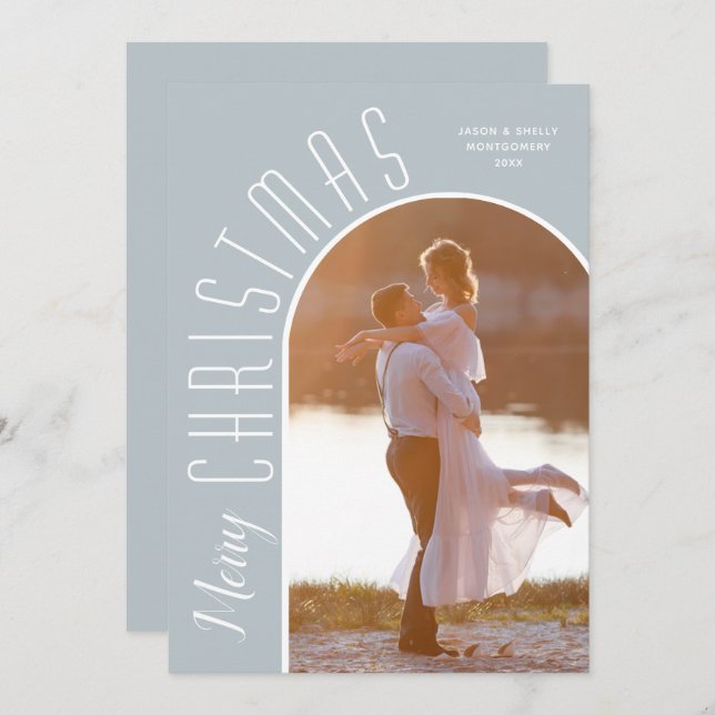 Merry Christmas Photo Dusty Blue Holiday Card (Front/Back)