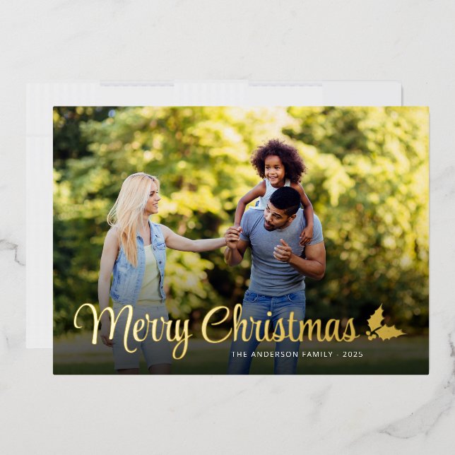 Merry Christmas Photo Elegant Script Gold Foil Holiday Card (Envelope)