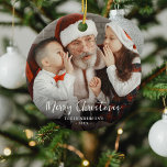 Merry Christmas Photo Festive Bauble  Ceramic Ornament<br><div class="desc">Decorate your tree with this simple Custom Photo Merry Christmas Family Ornament. On the reverse is a pattern of traditional watercolor baubles. Customizse the season greeting,  name and year.</div>
