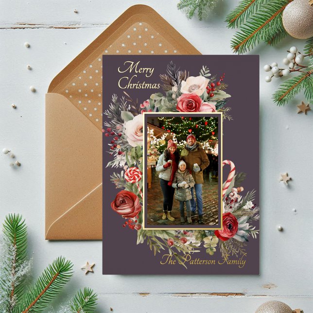 Merry Christmas Photo Floral Foil Holiday Card (Creator Uploaded)