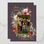Merry Christmas Photo Floral Foil Holiday Card<br><div class="desc">Merry Christmas Photo Watercolor Floral Foil Holiday Card Foil Stamped Christmas Cards features one of your favourite photos with the foil text overlay "Merry Christmas" in modern calligraphy script typography on a dark magenta background accented with watercolor winter greenery and red berries. Personalised your names or custom text below. Perfect...</div>