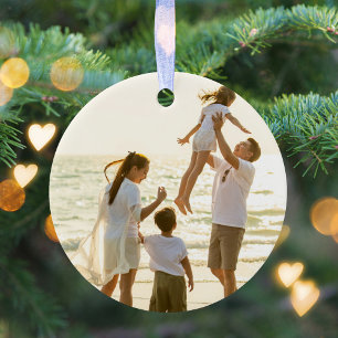 Merry Christmas Photo Gold Script Calligraphy Ceramic Ornament