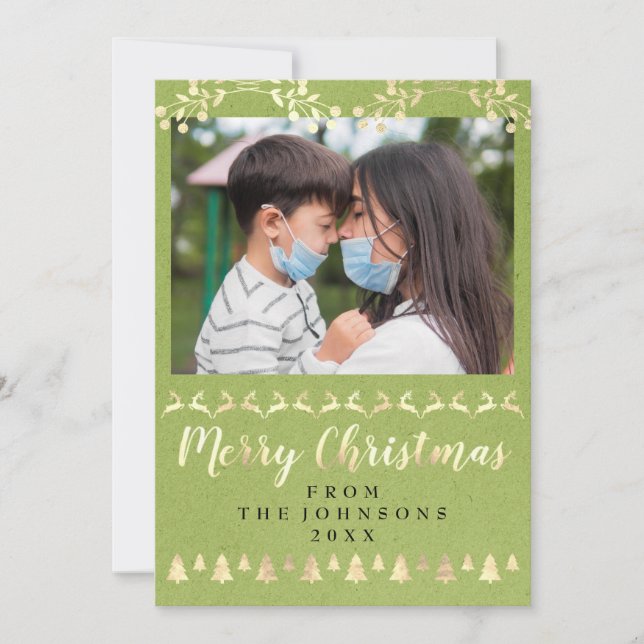 Merry Christmas Photo Gold Smoky Blue Kraft Modern Holiday Card (Front)