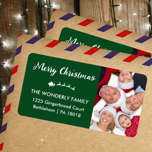Merry Christmas Photo Green Return Address Label