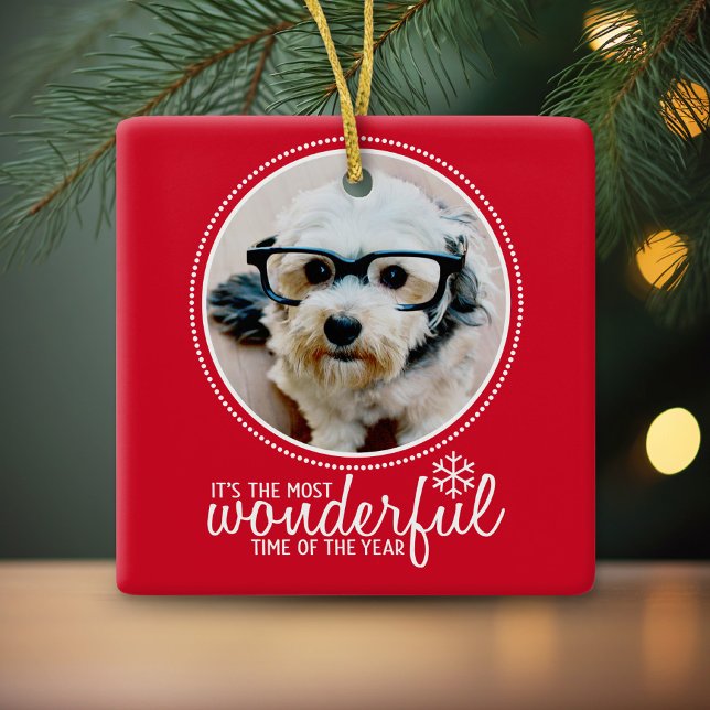 Merry Christmas Photo Greeting Card Red Wonderful Ceramic Ornament (Photo Christmas Ornament)