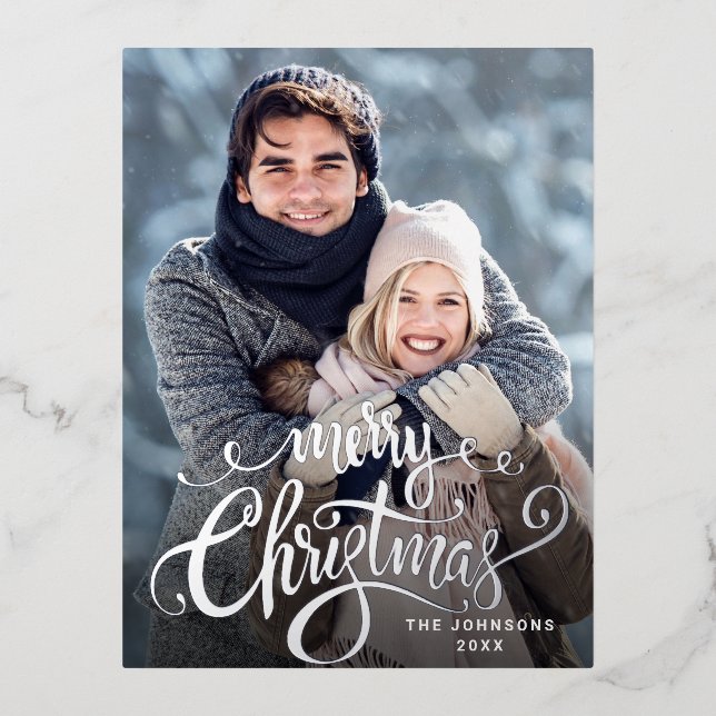Merry Christmas PHOTO Greeting Silver Foil Holiday Postcard (Front)