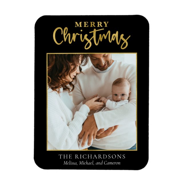 Merry Christmas Photo Holiday Gold Foil Script Magnet (Vertical)