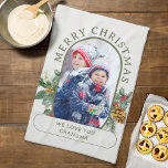 Merry Christmas Photo Holly and Pine Personalised Tea Towel<br><div class="desc">Charming christmas photo kitchen towl for your holiday home decor or seasonal photo gift. Personalise for Grandma or customise the wording for anyone you want. Your photos are displayed in 16:9 portrait format and the photo template will automatically display them in a pill-shaped, rounded lozenge shape. Please browse my Rounded...</div>