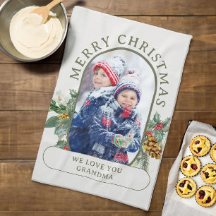 Merry Christmas Photo Holly and Pine Personalised Tea Towel