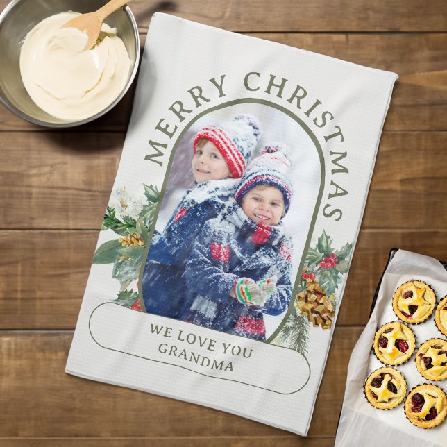 Merry Christmas Photo Holly and Pine Personalised Tea Towel (Christmas Photo kitchen towel from the Rounded Lozenge Photo Collage collection)
