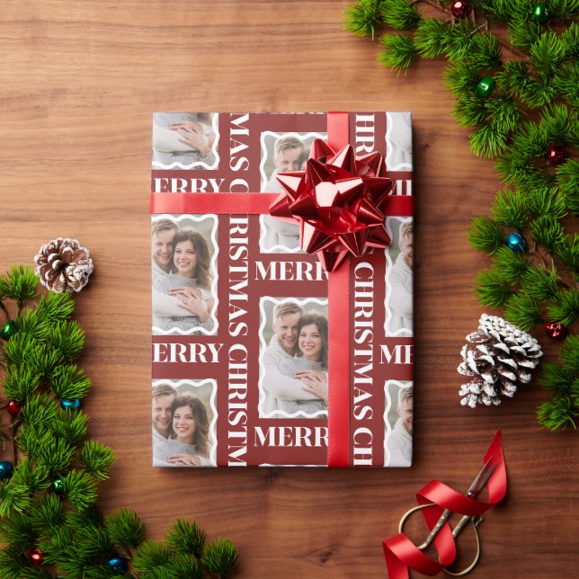 Merry Christmas Photo in Scallopped Frame Ruby Red Wrapping Paper (Holiday Gift)