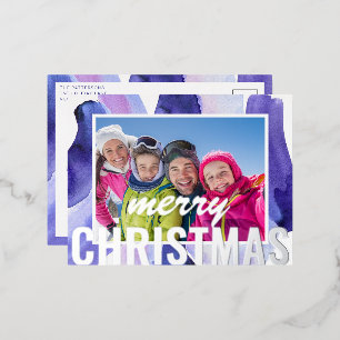 Merry Christmas Photo Modern Abstract Watercolor Foil Holiday Postcard