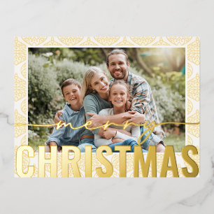 Merry Christmas Photo Modern Gold Festive Pattern Foil Holiday Postcard