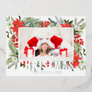 Merry Christmas Photo Modern Watercolor Red Floral Foil Holiday Postcard