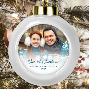Merry Christmas Photo Newlywed Turquoise Script Ceramic Ball Christmas Ornament
