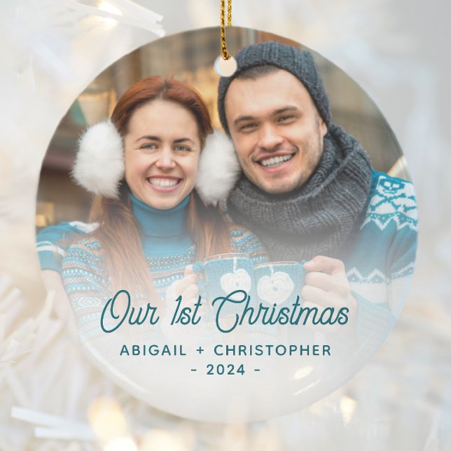 Merry Christmas Photo Newlywed Turquoise Script Ceramic Ornament (Creator Uploaded)
