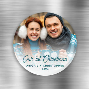 Merry Christmas Photo Newlywed Turquoise Script Magnet