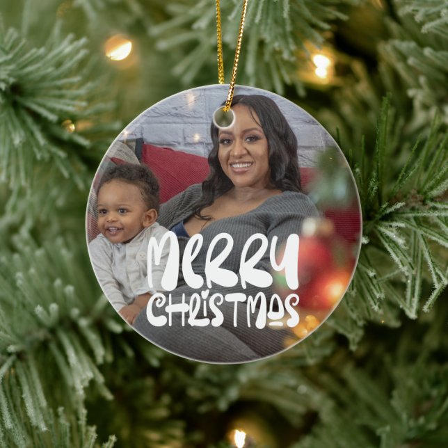 Merry Christmas Photo Personalised Ceramic Ornament (Tree)