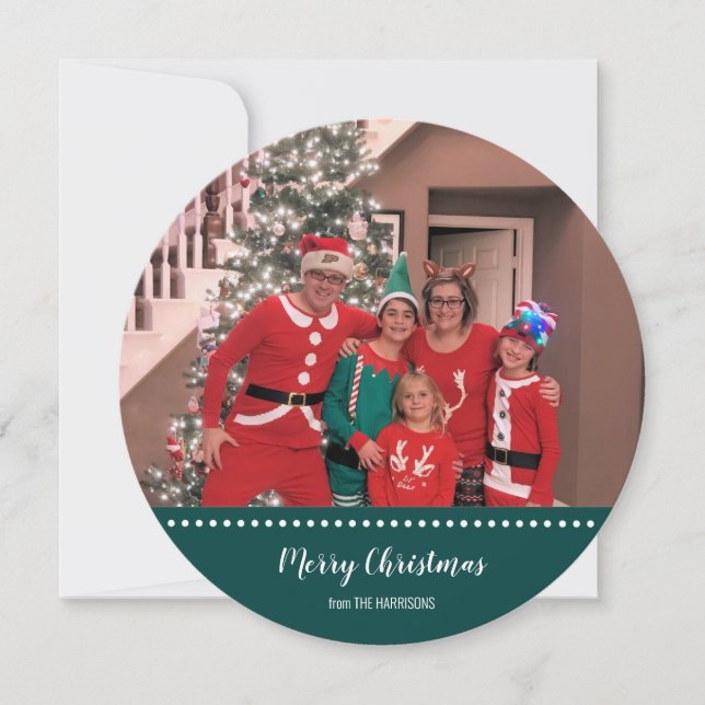 Merry Christmas Photo Personalised Green Round Holiday Card (Front)