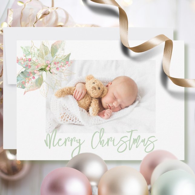 Merry Christmas Photo Pink Gold Pastel Poinsettia Holiday Card (Creator Uploaded)