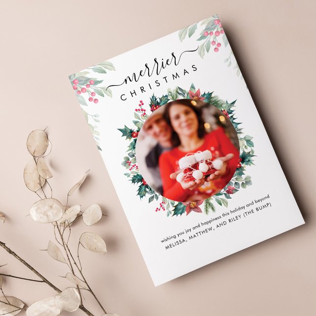 Merry Christmas Photo Pregnancy Announcement (Merry Christmas Greenery Red Berries Photo Greetings Card)