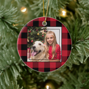 Merry Christmas Photo Red and Black Buffalo Plaid Ceramic Ornament