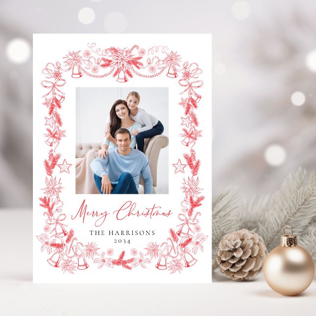 Merry Christmas Photo Red Chinoiserie Frame Holiday Card (Creator Uploaded)