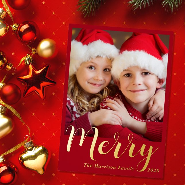 Merry Christmas Photo Red Foil Holiday Card (This holiday season, let your family's smiles & heartwarming memories shine on our real foil card)