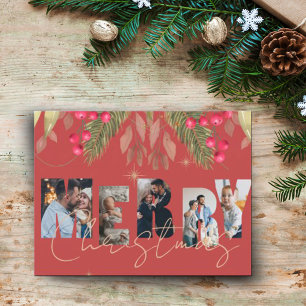 Merry Christmas Photo Red Gold Christmas Holiday Postcard