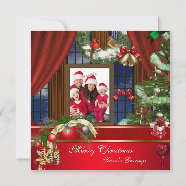 Merry Christmas Photo Red Green Window Holiday Card (Front)