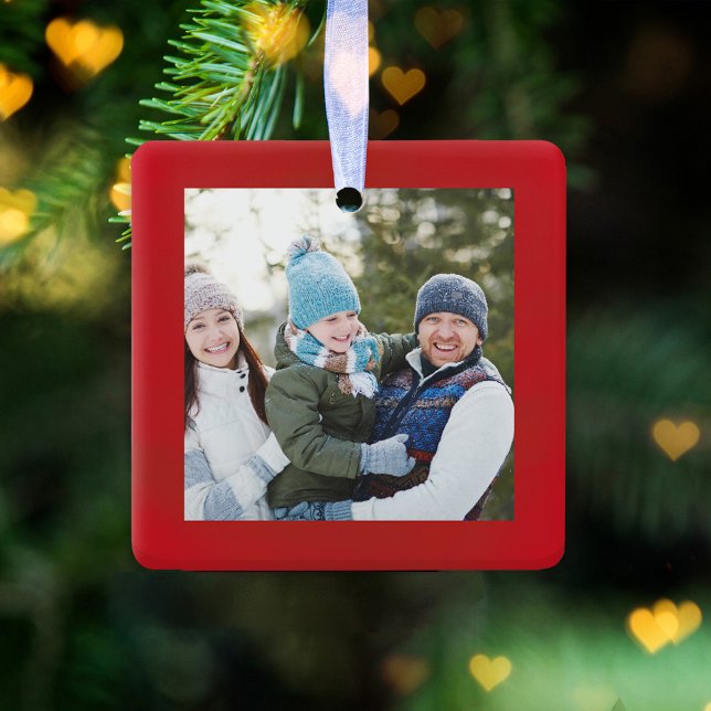 Merry Christmas Photo Red Script Simple Ceramic Ornament (A Merry Christmas red photo ornament template. )