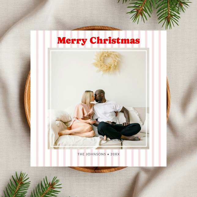 Merry Christmas Photo Red Striped Holiday Card (Creator Uploaded)