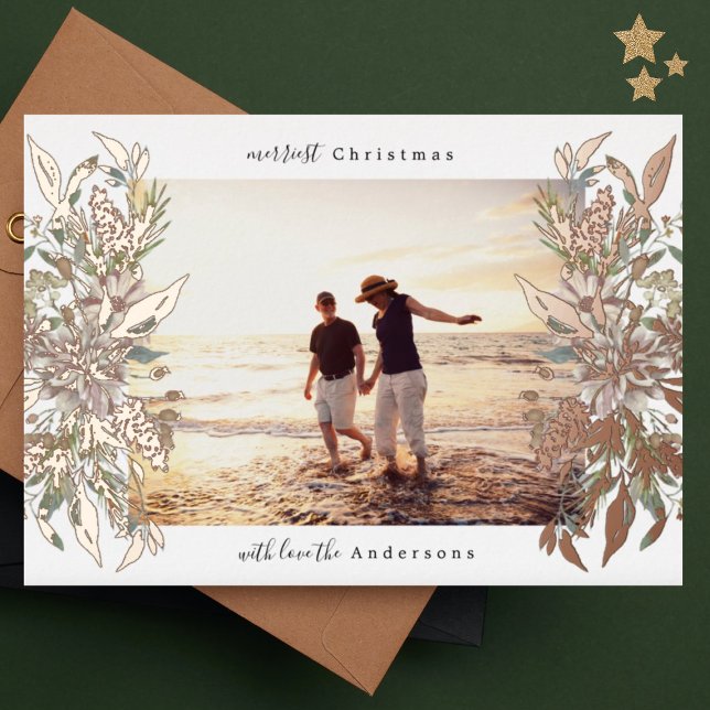 Merry Christmas Photo Rose Gold Botanical Floral Foil Holiday Card (Creator Uploaded)