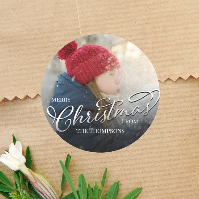 Merry Christmas Photo Script Template  Classic Round Sticker (Merry Christmas simple holiday custom photo round circle sticker template. )