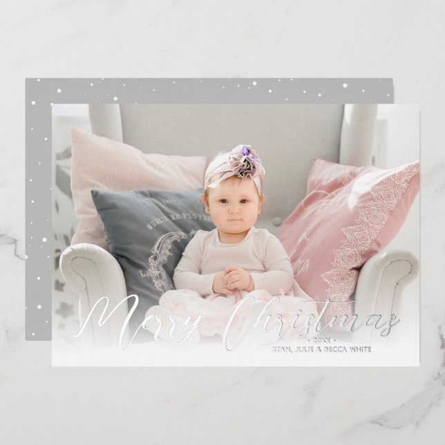 Merry Christmas Photo Silver Foil Holiday Card (Front/Back)