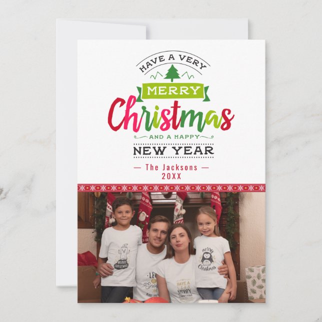 Merry Christmas  Photo Snowflake Ribbon Typography Holiday Card (Front)