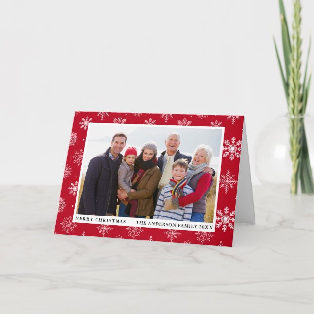 Merry Christmas Photo Snowflakes Red Holiday Card (Front)