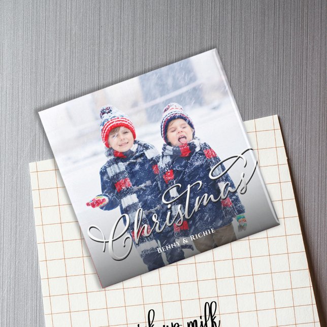 Merry Christmas Photo Template Script  Magnet (Merry Christmas holiday photo magnet with silver calligraphy script. )