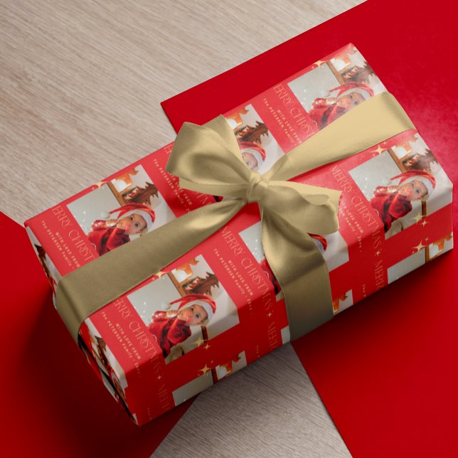 Merry Christmas photo text personalised red Wrapping Paper (Creator Uploaded)