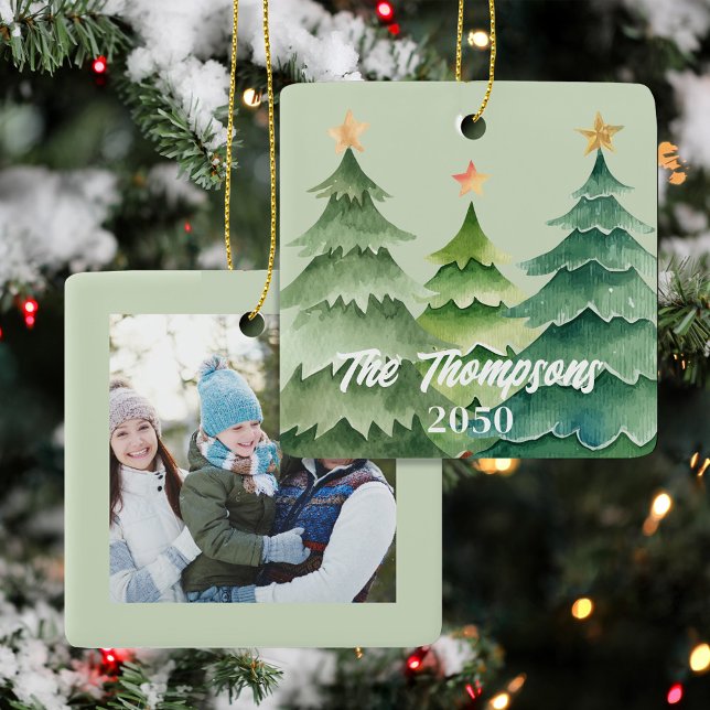 Merry Christmas Photo Typography Newsletter Ceramic Ornament (Christmas Tree Holiday Photo Ornament.)