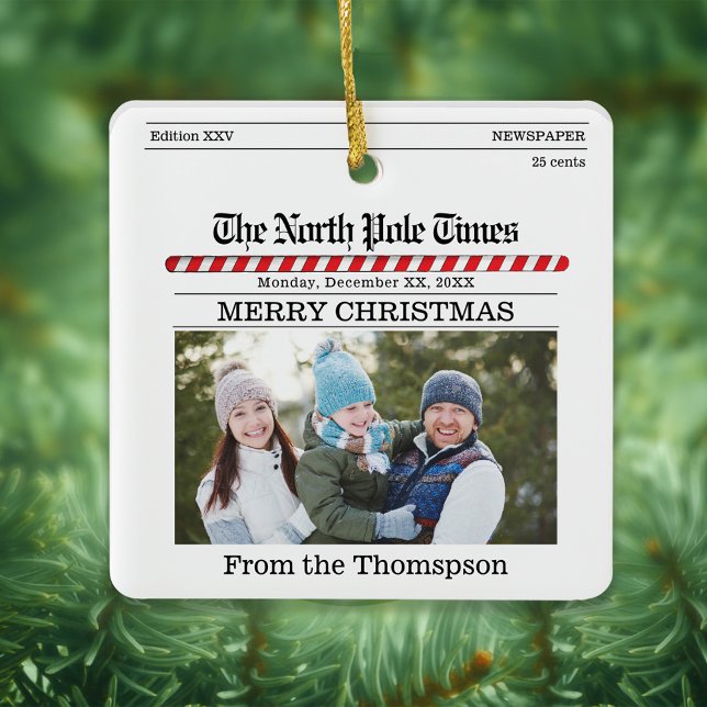 Merry Christmas Photo Typography Newsletter Ceramic Ornament (The North Pole Times newsletter photo ornament)