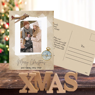 Merry Christmas Photo,Vintage Aeroplane & Compass Holiday Postcard