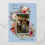 Merry Christmas Photo Watercolor Floral Foil Holiday Card<br><div class="desc">Merry Christmas Photo Watercolor Floral Foil Holiday Card Foil Stamped Christmas Cards features one of your favourite photos with the foil text overlay "Merry Christmas" in modern calligraphy script typography on a blue background accented with watercolor winter greenery and red berries. Personalised your names or custom text below. Perfect for...</div>