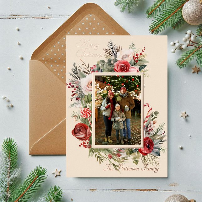 Merry Christmas Photo Watercolor Floral Foil Holiday Card (Creator Uploaded)