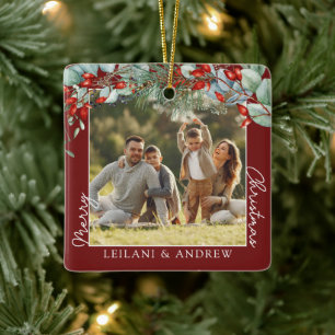 Merry Christmas Photo & Watercolor Holly Burgundy Ceramic Ornament