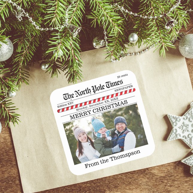 Merry Christmas Photo Whimsical Newspaper Print Square Sticker (Merry Christmas holiday Newspaper photo sticker.)